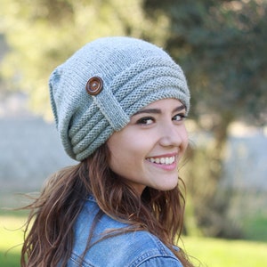 Grey women slouch beanie with a small button, Slouchy knit hat winter, Cozy winter accessories, Stylish cozy warm soft cap