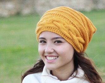 Mustard slouchy beanie women, Winter hand knitted hats women, Yellow knit accessories, Womens clothing boho