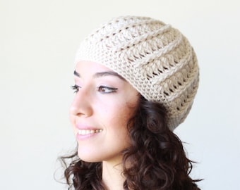 Handmade beige hand crochet beanie women, Winter acrylic and wool hat, Ladies cozy cap, Teenage ear cover bonnet, Gift idea