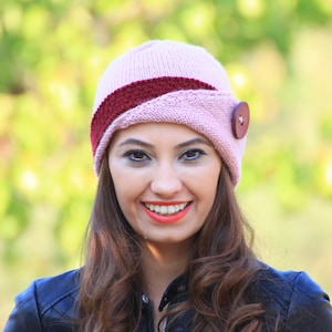 Women Knit Hat With a Button, Flapped Brim Double Color Skull Cap, Fall ...