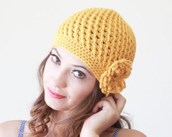 Mustard crochet beanie with flower, Ladies homemade hat, Women flower bonnet, Handknit winter accessories, Yellow winter cap