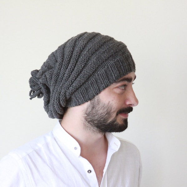 Men grey knit slouchy beanie, Man winter slouch hat, Winter accessories, Wool beanie men, Handmade slouch beanie