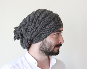 Men grey knit slouchy beanie, Man winter slouch hat, Winter accessories, Wool beanie men, Handmade slouch beanie