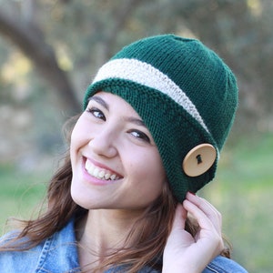 Women knit beanie women with a button, Emerald green knit winter bonnet hat, Hand knit hat women, Winter knit accessories for ladies image 1