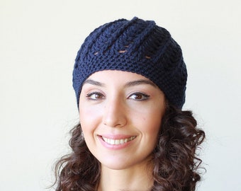 Winter navy blue crochet beanie, Trendy women skull cap, Women handmade hat for fall