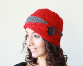 Womens knit winter hats with button in red and grey colors, Ladies red knit beanie women, Cozy handknit caps, Handmade Gift for her,