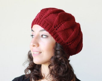 Burgundy winter hand knitted hats for women, French knit beret hat in maroon color, Stylish fall accessories, Cozy handknit beanie