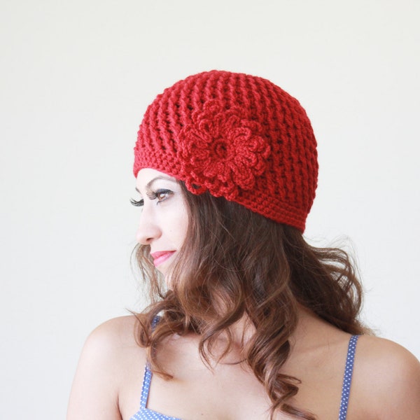 Flower red crochet hat, Soft winter beanie for woman, Cozy fall skull cap wool & acrylic yarn, Casual accessories, Handmade gift Girl friend