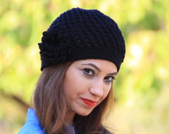 Black Crochet Beanie With Flower Women 