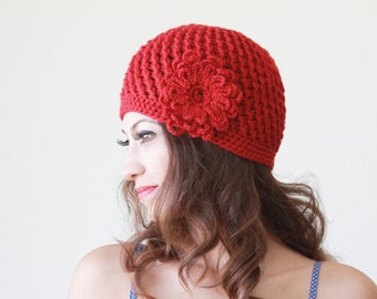 Flower red crochet hat, Soft winter beanie for woman, Cozy fall skull cap wool & acrylic yarn, Casual accessories, Handmade gift Girl friend