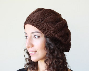 French beret style Slouchy knit Hat for women, Brown Slouch beanie women for winter, Knit Beret woman