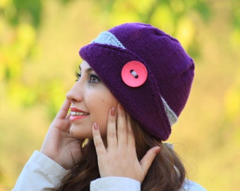 Ladies purple hat with button, Winter knit beanie for women, Hanknit cap, Fall and winter clothing for women