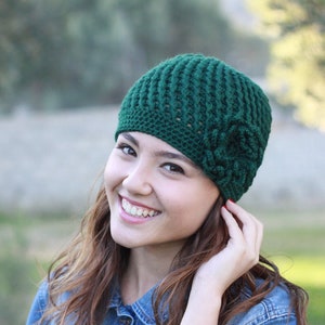 Emerald green Crochet Beanie with flower, Women handmade hat winter, Flower beanie women, Handmade gift women, Gift for her birthday friend image 3