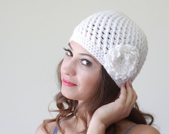 Off White crochet beanie with flower, Ladies handmade hat, Women stylish bonnet, Cozy trend accessories, Adult unique winter cap