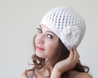 Adult Ladies White Winter Hat With Flower On The Side: Stylish Crochet  Beanie