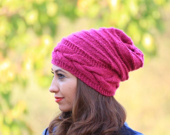 Magenta slouchy beanie for women, Knit hat winter, Slouch cap handmade, Loose handknit beanie