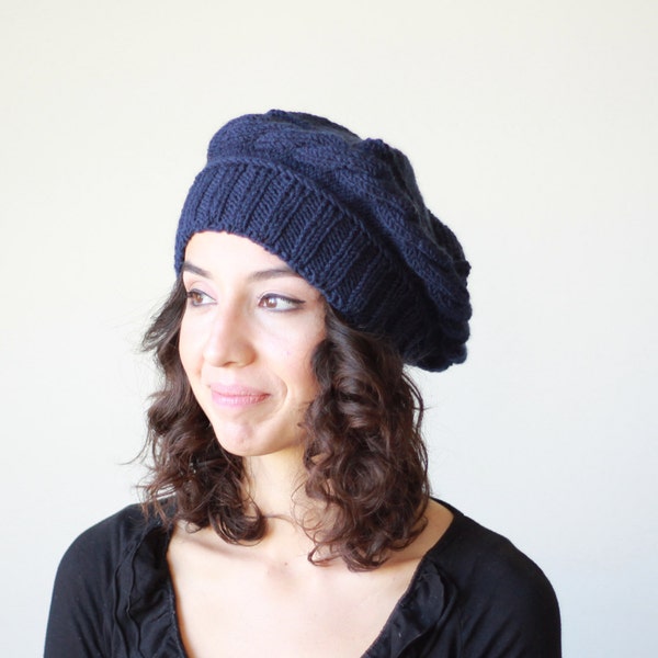 Navy Blue knit beret women, Soft warm handmade hat winter, Dark color handknit beanie from acrylic & wool yarn, Ear cover made to order tam