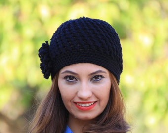 Black crochet beanie with flower, Women black skull cap, Ladies bonnet from wool, Winter accessories, Ladies crochet hat