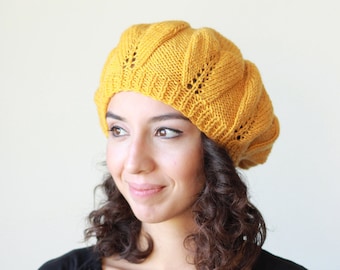 Women handmade knit hat in mustard for winter, Dark Yellow Slouchy beret hats for women, Handmade beanie women