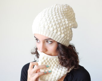 Women slouchy hat and cowl scarf in cream color, Hand knit cowl and hat set, Hat and scarf set women, Knitted neck warmer