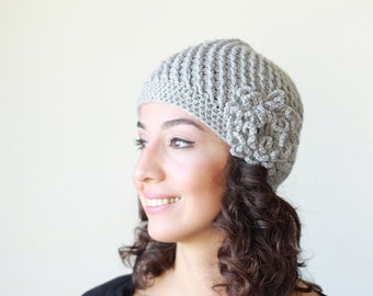 Light grey crochet beanie with flower, Trend winter grey hat from wool and acrylic yarn, Cozy women woolen soft cap, Stylish adult bonnet