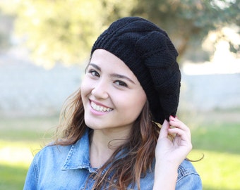 Women Black Slouch knit hat, Winter handknitted beanie, Fall French style cap, Wool slouchy beret