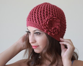 Cherry Red Women crochet beanie with a flower for winter, Soft stylish casual handmade hat, Trend ladies chunky cap, Cozy knit accessories