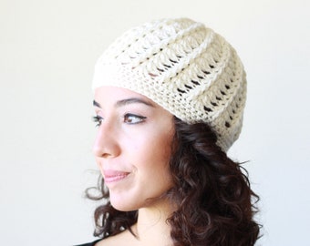 Cream crochet cap for women, Winter cute lightweight beanie from wool an acrylic yarn