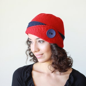 Women winter knit beanie, Red Knit Cloche Hat with a navy band and asymmetrical brim, Stylish fashion cap with a button, Gift for women