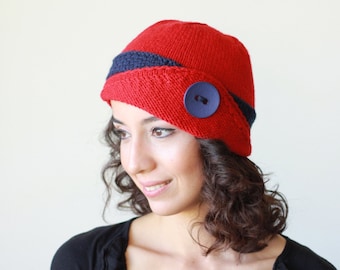 Women winter knit beanie, Red Knit Cloche Hat with a navy band and asymmetrical brim, Stylish fashion cap with a button, Gift for women