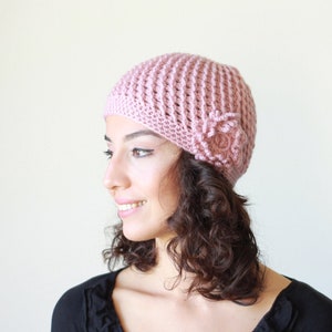Women crochet beanie with flower, Soft and lightweight handmade custom hat for her, Stylish winter cap, Crochet hat for women image 3