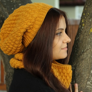 Mustard color Women knit beanie and cowl (optional), Slouch knit hat women, Winter hats handmade