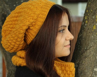 Mustard color Women knit beanie and cowl (optional), Slouch knit hat women, Winter hats handmade