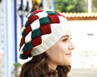 Winter women beret in 3 colors Red Green Cream, Handmade multicolor knit hat, Handknit hat for women