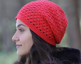 Gorro holgado suave de primavera, gorro rojo para quimioterapia para mujeres, gorro de algodón de ganchillo para pacientes con cáncer.