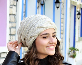 Women slouchy beanies, Winter hat in beige color, Handknit accessories, Handmade slouch cap, Handmade beanies and hats