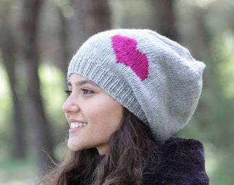 Winter Gray knit hat with heart figure, Cozy handknit beanie woman, Adult slouchy beanie homemade, Valentines romantic gift for girlfriend