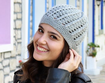 Handmade Crochet gray hat, Winter women beanie for casual wear, Soft stylish cozy accessories, Trend skull cap, Gift for girlfriend