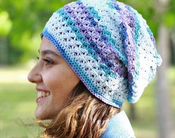 Chemo Hats for Women, 100% Cotton Crochet Slouch Beanie, Soft Seamless Cancer Hat for Sensitive Scalp