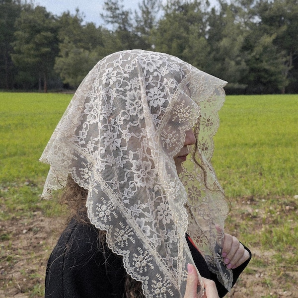 Tan Triangle Lace Church Veil for Mass — Small Catholic Mantilla