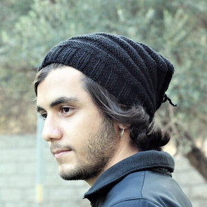 Handknit slouchy hat men, Black winter mens beanie, Slouch mens hat, Handmade gift for him image 2