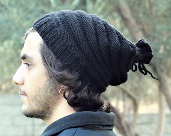 Handknit slouchy hat men, Black winter mens beanie, Slouch mens hat, Handmade gift for him