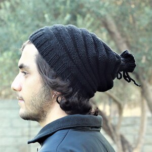 Handknit slouchy hat men, Black winter mens beanie, Slouch mens hat, Handmade gift for him image 1