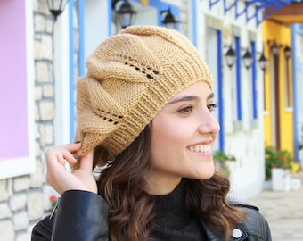 Slouchy knit hat woman in tan color, Winter French artist beret, Cozy handknit beanie from acrylic / wool yarn, Soft & stylish handmade tam