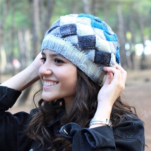 Handmade beanie for women, Winter multicolor handknit beret for ladies, Warm knit hat in blue and gray colors