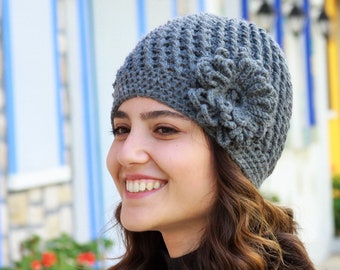 Charcoal crochet flower hat for women, Grey beanie for winter, Fashion dark color handmade cap, Winter accessories, Fall Handmade cap