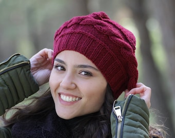 Boina burdeos tejida a mano para invierno – Gorro de mezcla de lana suave para otoño para mujer