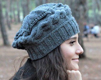 Dark gray Knit Hat for Winter, Handmade Cozy Warm Beanie for Women