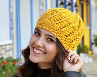 Mustard crochet hat women, Ladies beanie hat in dark yellow color, Lightweight handmade cap, Femme winter bonnet