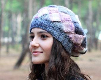 Handmade knit beanie, Multicolor knit hat for winter, Semi Slouchy beanie women, Ladies fall accessories, Handknit beret